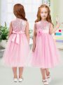 Sleeveless Zipper Tea Length Sequins and Hand Made Flower Flower Girl Dress