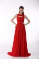 Red Sleeveless Brush Train Ruching Prom Evening Gown