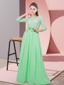 Apple Green Chiffon Side Zipper Scoop 3 4 Length Sleeve Floor Length Dama Dress for Quinceanera Lace and Belt