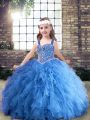 New Arrival Floor Length Blue High School Pageant Dress Straps Sleeveless Lace Up