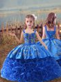 Blue Little Girl Pageant Dress Straps Sleeveless Sweep Train Lace Up