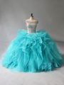 Inexpensive Aqua Blue Ball Gowns Organza Off The Shoulder Sleeveless Beading and Ruffles Lace Up Sweet 16 Quinceanera Dress Brush Train