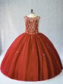 Fancy Rust Red Ball Gowns Beading 15th Birthday Dress Lace Up Tulle Sleeveless Floor Length