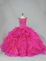 Hot Pink Organza Lace Up Scoop Sleeveless Sweet 16 Dresses Brush Train Beading and Ruffles