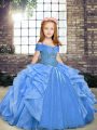 Floor Length Lace Up Girls Pageant Dresses Blue for Party and Sweet 16 and Wedding Party with Beading and Ruffles