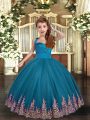 Floor Length Ball Gowns Sleeveless Teal Little Girls Pageant Gowns Lace Up