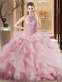Sweet Halter Top Sleeveless Organza Sweet 16 Quinceanera Dress Beading and Ruffles Sweep Train Lace Up