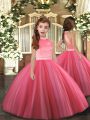 Coral Red Tulle Zipper High-neck Sleeveless Floor Length Kids Formal Wear Beading