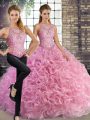 Rose Pink Scoop Neckline Beading Vestidos de Quinceanera Sleeveless Lace Up