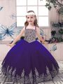 Purple Ball Gowns Straps Sleeveless Tulle Floor Length Lace Up Beading and Embroidery Girls Pageant Dresses