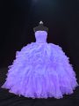 Purple Ball Gowns Strapless Sleeveless Organza Floor Length Lace Up Beading and Ruffles Quinceanera Dresses