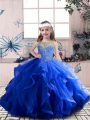 Royal Blue Ball Gowns Beading and Ruffles Little Girls Pageant Dress Wholesale Lace Up Tulle Sleeveless Floor Length