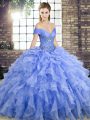 Lavender Quinceanera Gowns Off The Shoulder Sleeveless Brush Train Lace Up