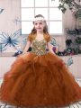 Sleeveless Tulle Floor Length Lace Up Pageant Dress in Rust Red with Beading and Ruffles