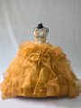 Super Gold Lace Up Quince Ball Gowns Beading and Ruffles Sleeveless Floor Length