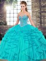 Tulle Sweetheart Sleeveless Lace Up Beading and Ruffles Quinceanera Dress in Aqua Blue