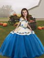 Sweet Blue Ball Gowns Straps Sleeveless Organza Floor Length Lace Up Embroidery Kids Pageant Dress