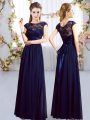 Inexpensive Navy Blue Empire Scoop Cap Sleeves Chiffon Floor Length Zipper Lace and Belt Bridesmaid Dresses