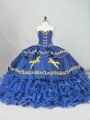 Dynamic Blue Ball Gowns Embroidery and Ruffled Layers 15 Quinceanera Dress Lace Up Satin and Organza Sleeveless
