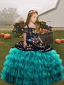 Custom Designed Teal Ball Gowns Embroidery and Ruffled Layers Kids Formal Wear Lace Up Organza Sleeveless Floor Length