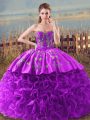 Eggplant Purple and Purple Sweetheart Neckline Embroidery and Ruffles Ball Gown Prom Dress Sleeveless Lace Up