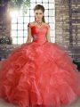 Attractive Organza Off The Shoulder Sleeveless Lace Up Beading and Ruffles Sweet 16 Dress in Watermelon Red