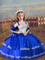 Luxurious Royal Blue Satin Lace Up Straps Sleeveless Floor Length Little Girl Pageant Gowns Beading and Embroidery