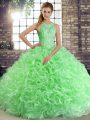 Fantastic Green Lace Up Scoop Beading 15th Birthday Dress Fabric With Rolling Flowers Sleeveless