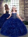 Blue Straps Neckline Beading and Ruffles Kids Pageant Dress Sleeveless Lace Up