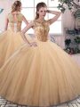 Luxury Tulle Scoop Sleeveless Lace Up Beading 15th Birthday Dress in Gold