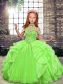 Super Sleeveless Floor Length Beading and Ruffles Lace Up Child Pageant Dress with Green