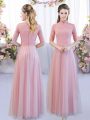 Nice Floor Length Pink Quinceanera Court Dresses High-neck Half Sleeves Zipper