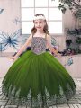 Affordable Olive Green Tulle Lace Up Little Girl Pageant Dress Sleeveless Floor Length Beading and Embroidery
