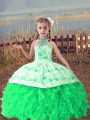 Green Ball Gowns Halter Top Sleeveless Organza Floor Length Lace Up Beading and Embroidery and Ruffles Pageant Dress Wholesale