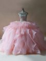 Pink Off The Shoulder Lace Up Beading and Ruffles Ball Gown Prom Dress Brush Train Sleeveless