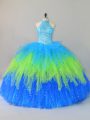 Latest Multi-color Lace Up Halter Top Beading and Ruffles Quince Ball Gowns Tulle Sleeveless