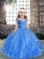 Floor Length Lace Up Pageant Dress Blue for Party and Wedding Party with Beading and Hand Made Flower