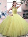 Yellow Green Tulle Lace Up Scoop Sleeveless Floor Length Quinceanera Gown Beading