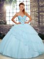Top Selling Lace Up 15th Birthday Dress Light Blue for Military Ball and Sweet 16 and Quinceanera with Beading and Ruffled Layers Brush Train