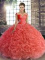 Inexpensive Off The Shoulder Sleeveless Fabric With Rolling Flowers Quince Ball Gowns Beading Lace Up
