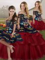 Discount Lace Up Quinceanera Gowns Wine Red for Military Ball and Sweet 16 and Quinceanera with Embroidery and Ruffled Layers Brush Train