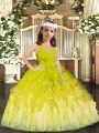 Inexpensive Olive Green Tulle Zipper V-neck Sleeveless Floor Length Little Girl Pageant Dress Ruffles