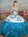 Romantic Sweetheart Sleeveless Organza Quinceanera Dresses Embroidery and Ruffles and Bowknot Lace Up