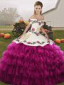 Sumptuous Floor Length Lace Up Quinceanera Dresses Fuchsia for Military Ball and Sweet 16 and Quinceanera with Embroidery and Ruffled Layers