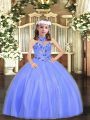 Ball Gowns Kids Formal Wear Blue Halter Top Tulle Sleeveless Floor Length Lace Up