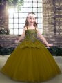 Olive Green Straps Neckline Beading Little Girls Pageant Gowns Sleeveless Lace Up