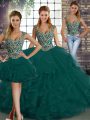 Beautiful Peacock Green Sleeveless Beading and Ruffles Floor Length 15th Birthday Dress