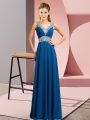 Sleeveless Floor Length Beading Lace Up Evening Gowns with Blue