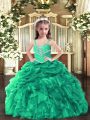 Green Ball Gowns Organza Straps Sleeveless Beading and Ruffles Floor Length Lace Up Little Girls Pageant Gowns