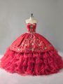 Red Ball Gowns Sweetheart Sleeveless Organza Floor Length Lace Up Embroidery and Ruffles 15 Quinceanera Dress